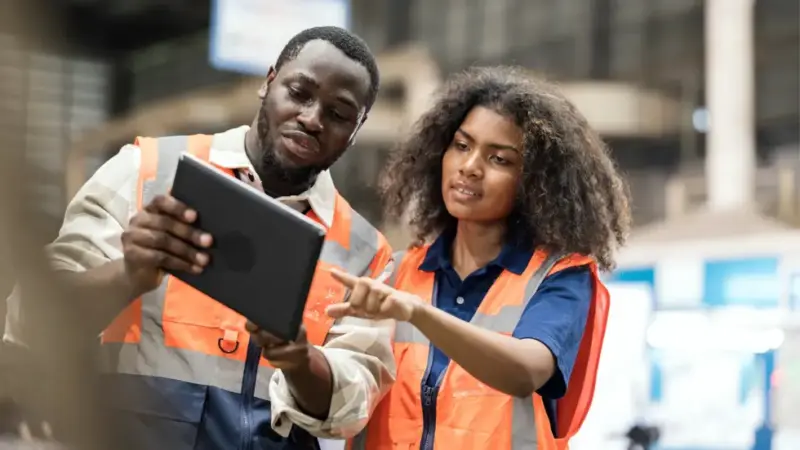 two safety professionals looking at Safety Observations software on an iPad